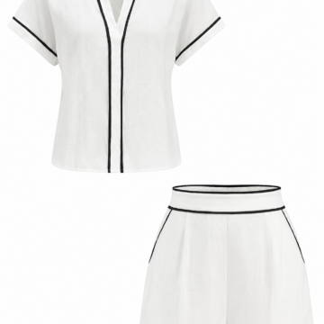 White Two-Piece Short Set with Black Piping Details