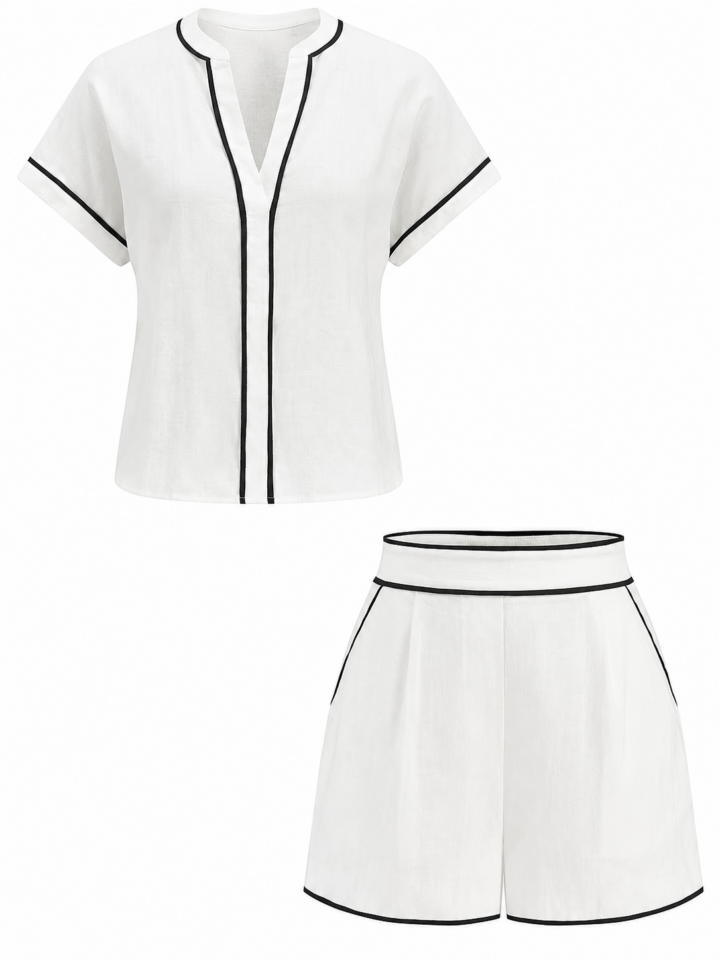 White Two-Piece Short Set with Black Piping Details