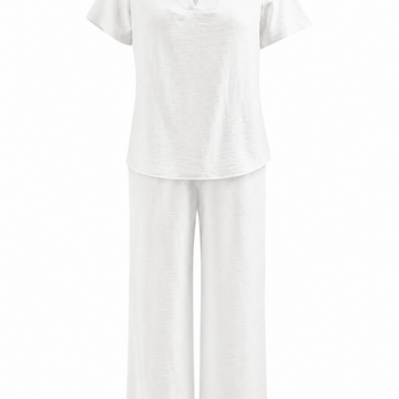White Two-Piece Knit Lounge Set with V-Neck Top and Wide-Leg Pants