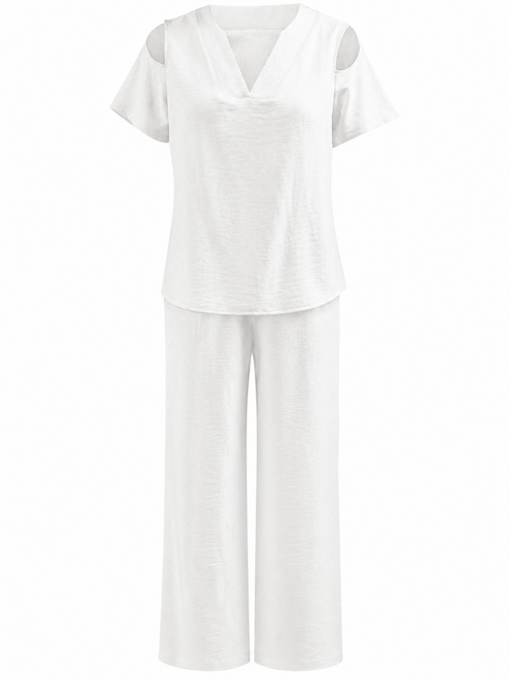 White Two-Piece Knit Lounge Set with V-Neck Top and Wide-Leg Pants