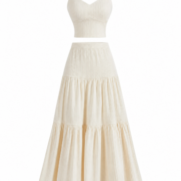 Cream Ribbed Two-Piece Set with Cropped Camisole and Tiered Maxi Skirt