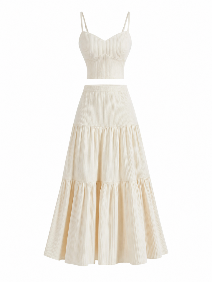 Cream Ribbed Two-Piece Set with Cropped Camisole and Tiered Maxi Skirt