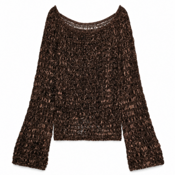 Dark Brown Loose Open-Knit Sweater with Scoop Neck