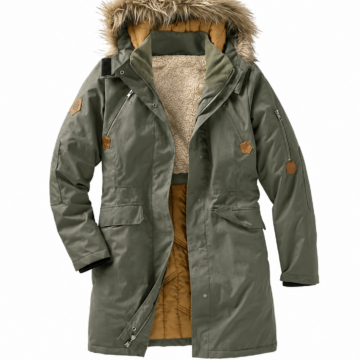 Olive Green Relaxed Fit Hooded Parka with Faux Fur Trim