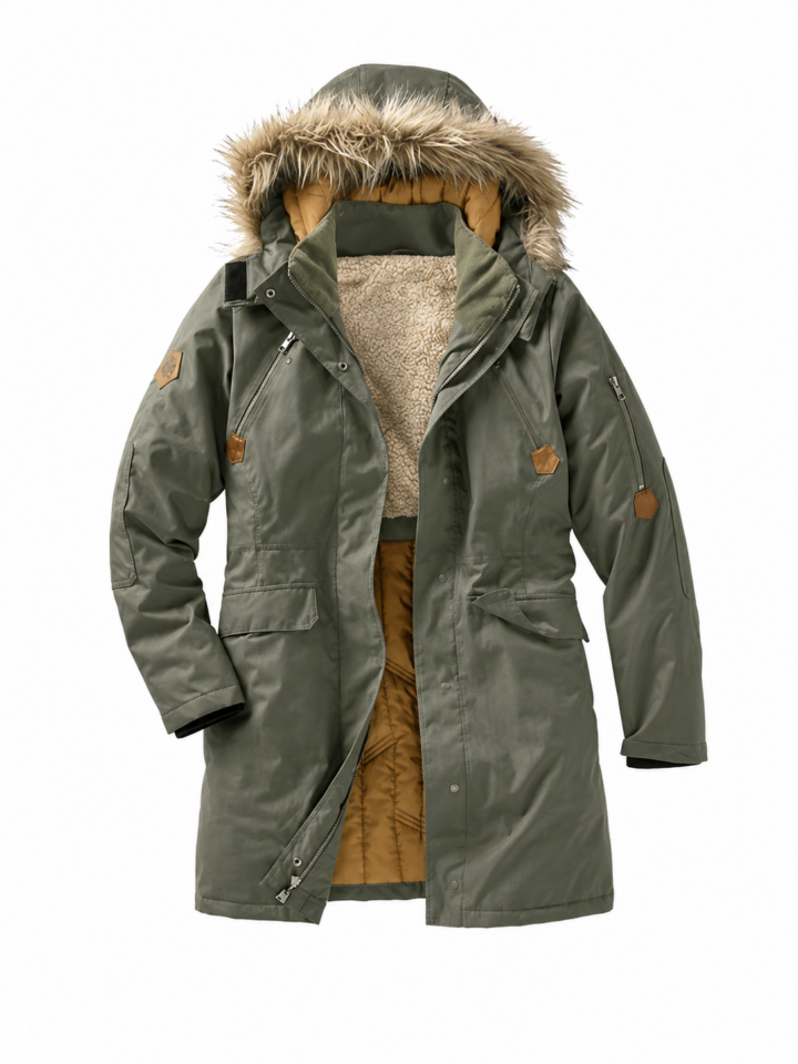 Olive Green Relaxed Fit Hooded Parka with Faux Fur Trim