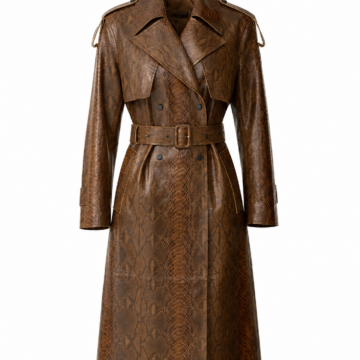 Brown Snakeskin-Print Double-Breasted Trench Coat with Belt