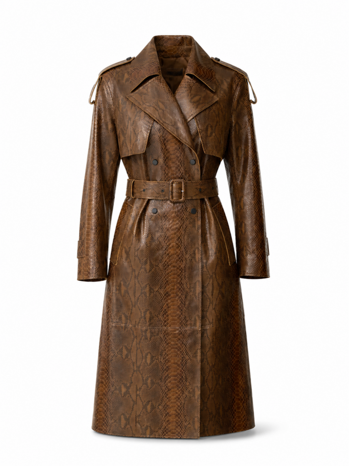 Brown Snakeskin-Print Double-Breasted Trench Coat with Belt