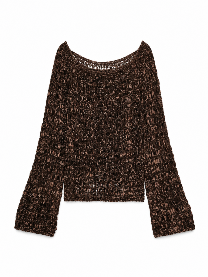 Dark Brown Loose Open-Knit Sweater with Scoop Neck