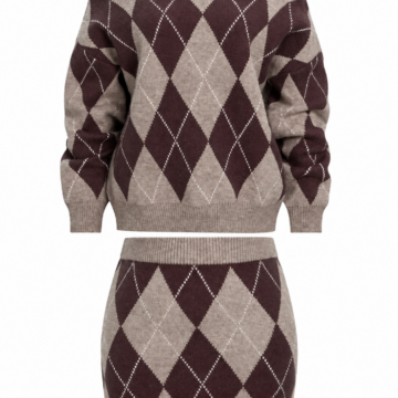 Taupe and Brown Argyle Off-Shoulder Knit Set with Mini Skirt