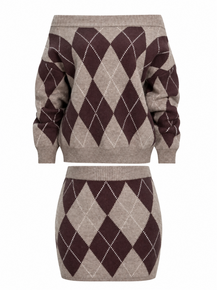 Taupe and Brown Argyle Off-Shoulder Knit Set with Mini Skirt