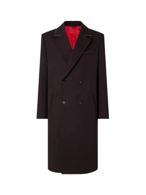 Black Double-Breasted Long Overcoat with Red Lining