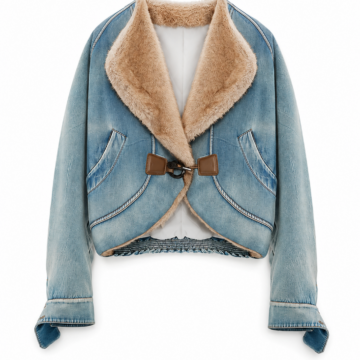 Light-Wash Cropped Denim Jacket with Faux Fur Collar and Toggle Closure