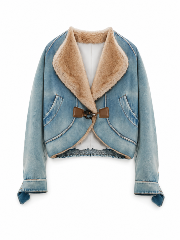 Light-Wash Cropped Denim Jacket with Faux Fur Collar and Toggle Closure