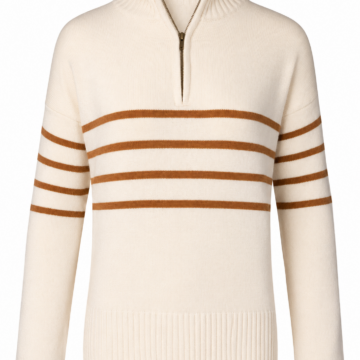 Cream Quarter-Zip Mock Neck Knit Sweater with Rust Stripes