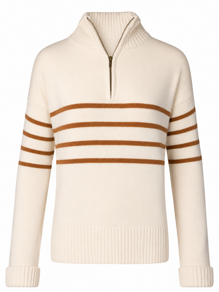 Cream Quarter-Zip Mock Neck Knit Sweater with Rust Stripes