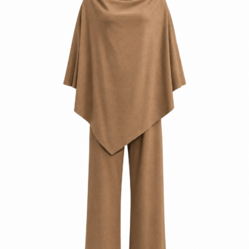 Camel Brown Cowl Neck Top and Wide-Leg Pants Two-Piece Set
