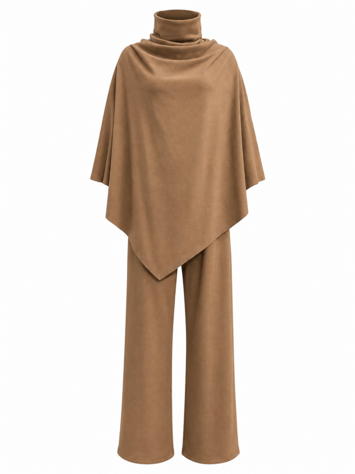 Camel Brown Cowl Neck Top and Wide-Leg Pants Two-Piece Set