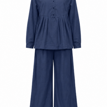 Navy Two-Piece Set with Long-Sleeve Button Top and Wide-Leg Trousers
