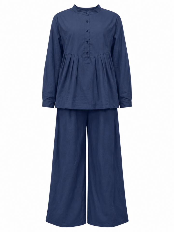 Navy Two-Piece Set with Long-Sleeve Button Top and Wide-Leg Trousers