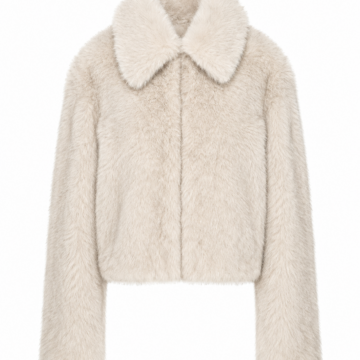 Ivory Cropped Faux Fur Jacket with Pointed Collar
