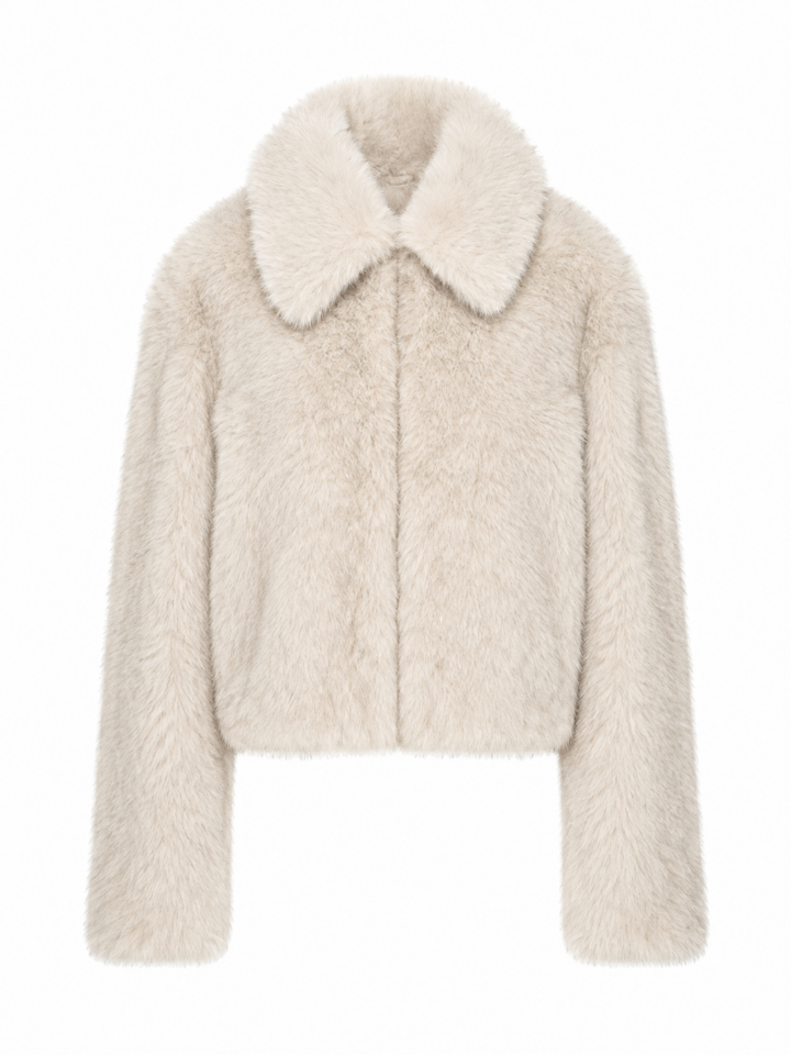 Ivory Cropped Faux Fur Jacket with Pointed Collar