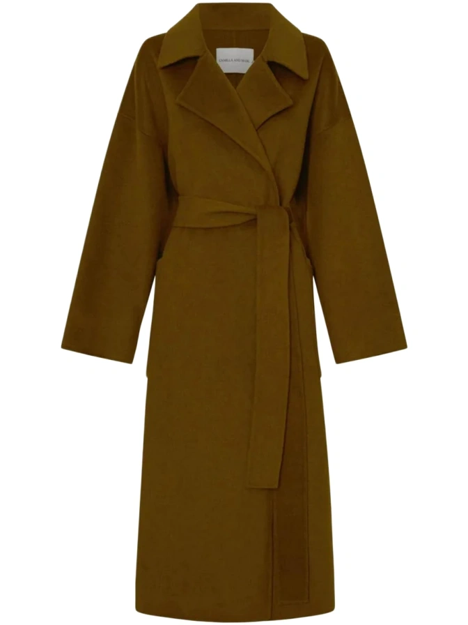 Olive Brown Longline Trench Coat with Self-Tie Belt