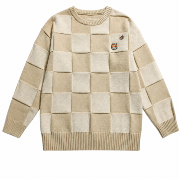 Cream Checkerboard Oversized Sweater with Tiger Patch