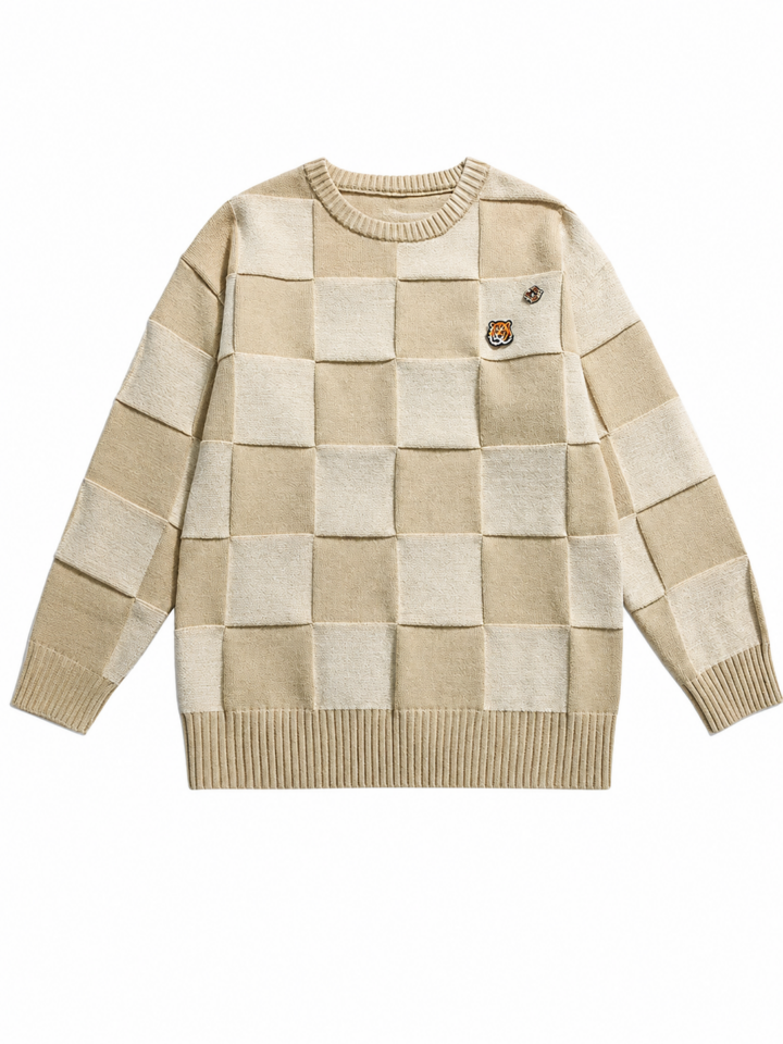Cream Checkerboard Oversized Sweater with Tiger Patch