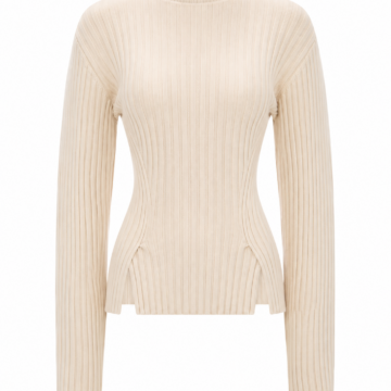 Cream Slim Fit Mock Neck Ribbed Knit Sweater