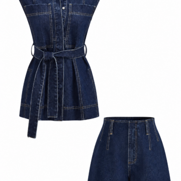 Dark Indigo Denim Two-Piece Set with Sleeveless Top and High-Waisted Shorts