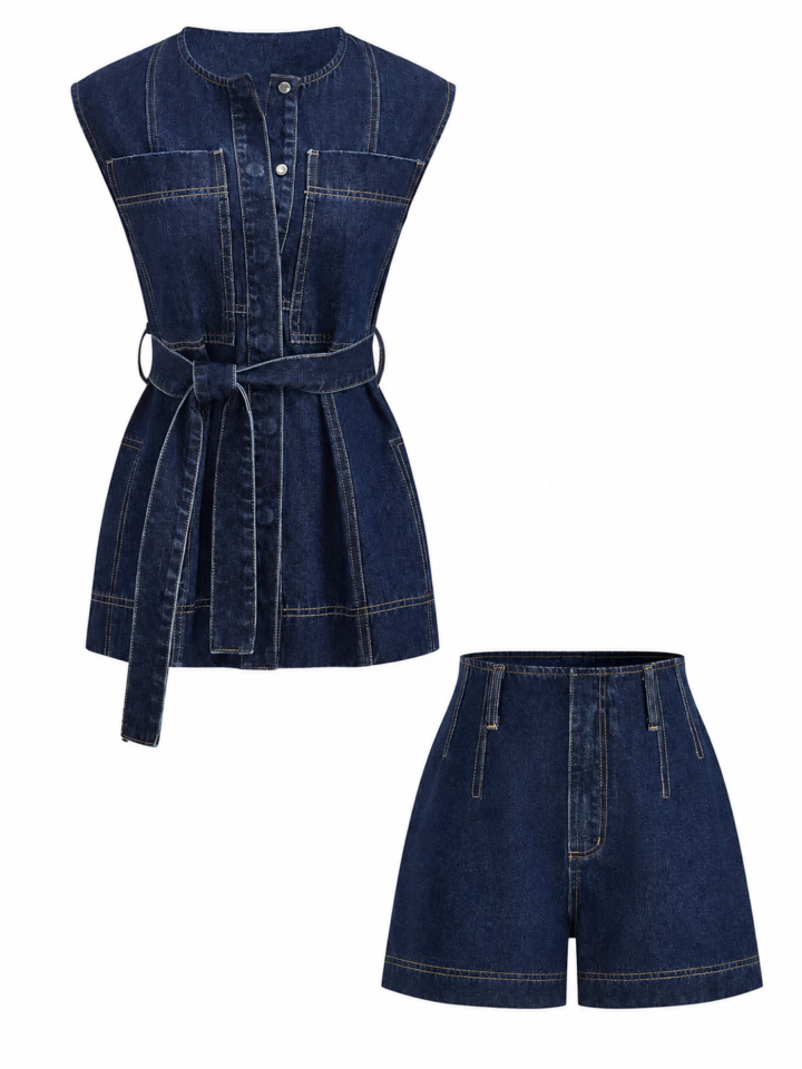 Dark Indigo Denim Two-Piece Set with Sleeveless Top and High-Waisted Shorts