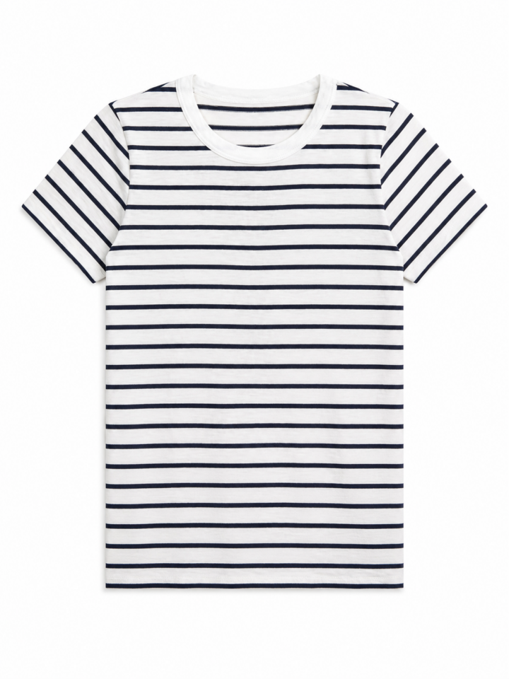 White and Navy Horizontal Striped Crew Neck T-Shirt