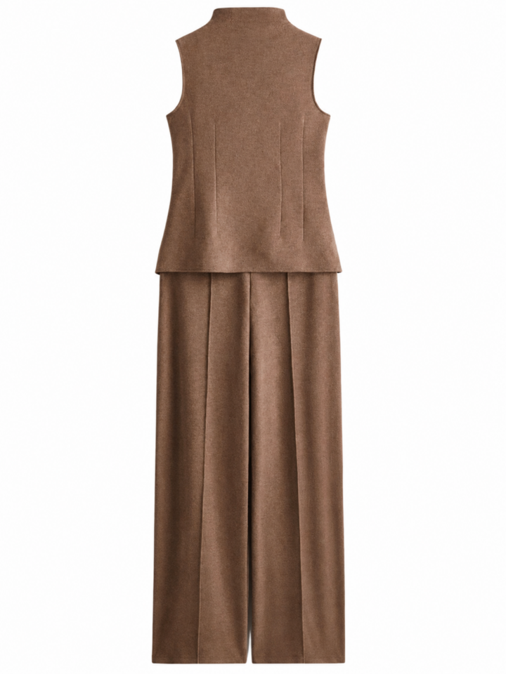 Brown Mock-Neck Sleeveless Top and Wide-Leg Trousers Set
