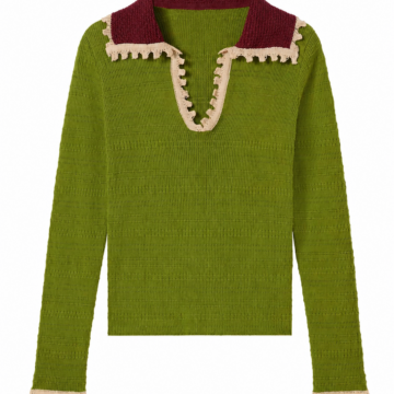 Olive Green Ribbed Knit Sweater with Burgundy Collar and Cream Lace Trim