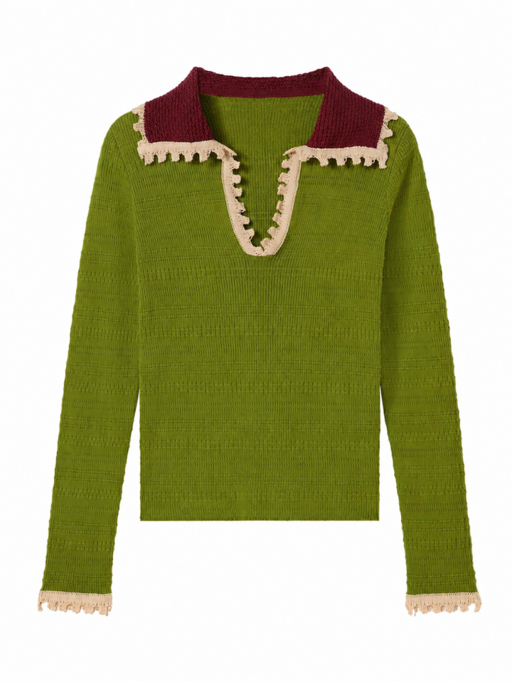 Olive Green Ribbed Knit Sweater with Burgundy Collar and Cream Lace Trim