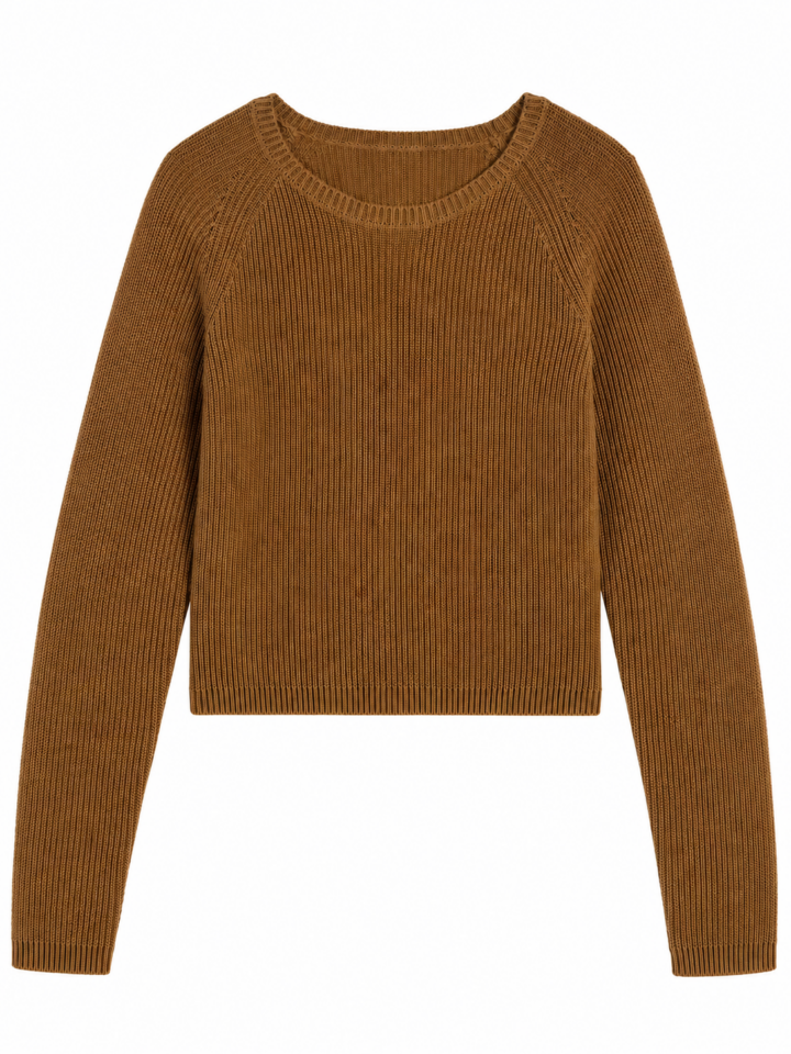 Brown Cropped Crew Neck Ribbed Sweater