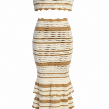 Cream and Tan Striped Open-Knit Crop Top and Maxi Skirt Set