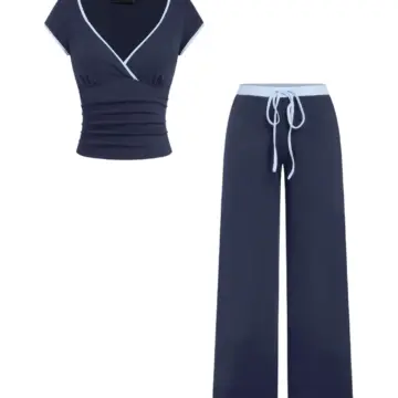 Navy Blue Ruch V-Neck Crop Top and Wide-Leg Pants Two-Piece Set