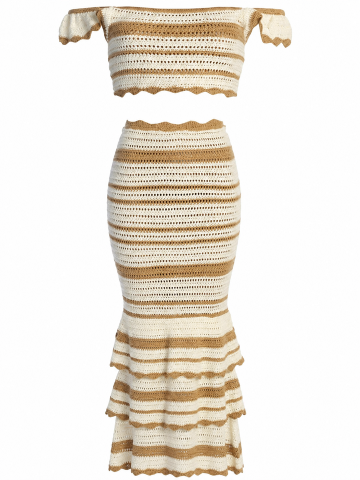Cream and Tan Striped Open-Knit Crop Top and Maxi Skirt Set