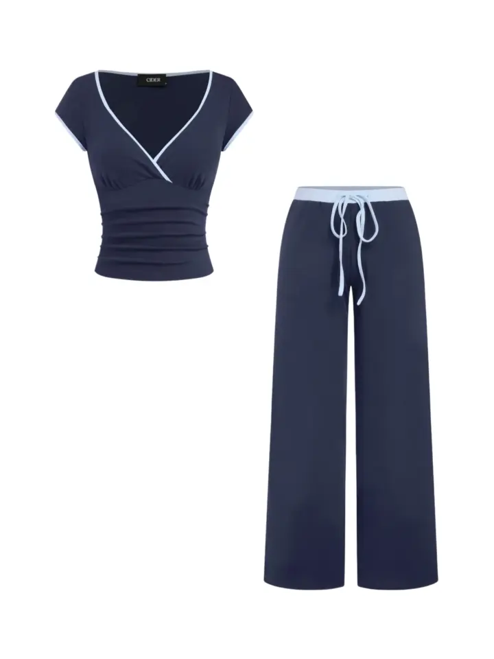 Navy Blue Ruch V-Neck Crop Top and Wide-Leg Pants Two-Piece Set