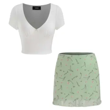 White V-Neck Crop Top and Sage Green Floral Mini Skirt Set