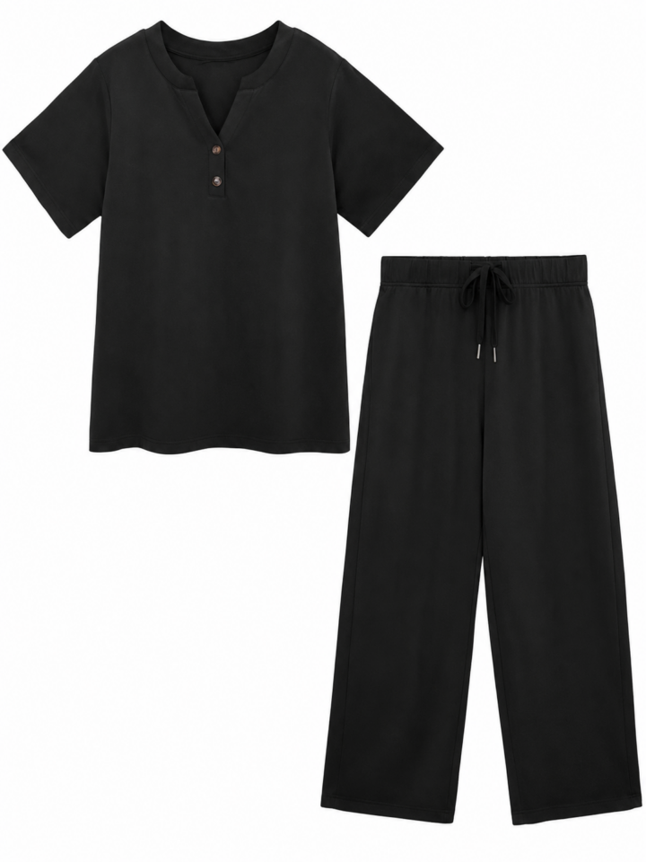 Black Short-Sleeve Split V-Neck Top and Wide-Leg Pants Set
