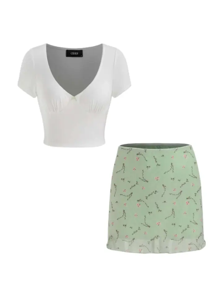 White V-Neck Crop Top and Sage Green Floral Mini Skirt Set