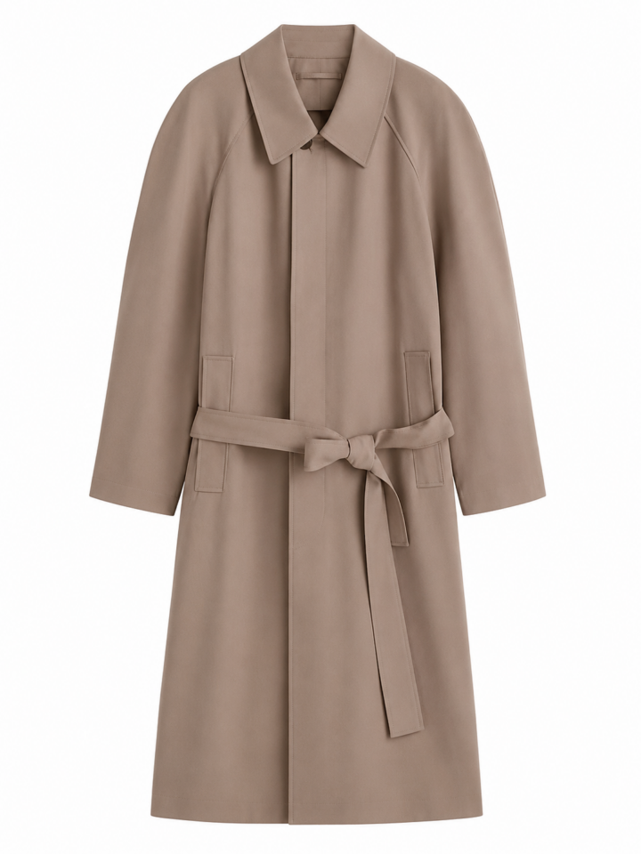 Taupe Longline Coat with Raglan Sleeves and Belt