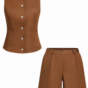 Solid Brown Sleeveless Vest and High-Waisted Shorts Two-Piece Set