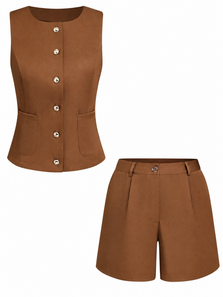 Solid Brown Sleeveless Vest and High-Waisted Shorts Two-Piece Set
