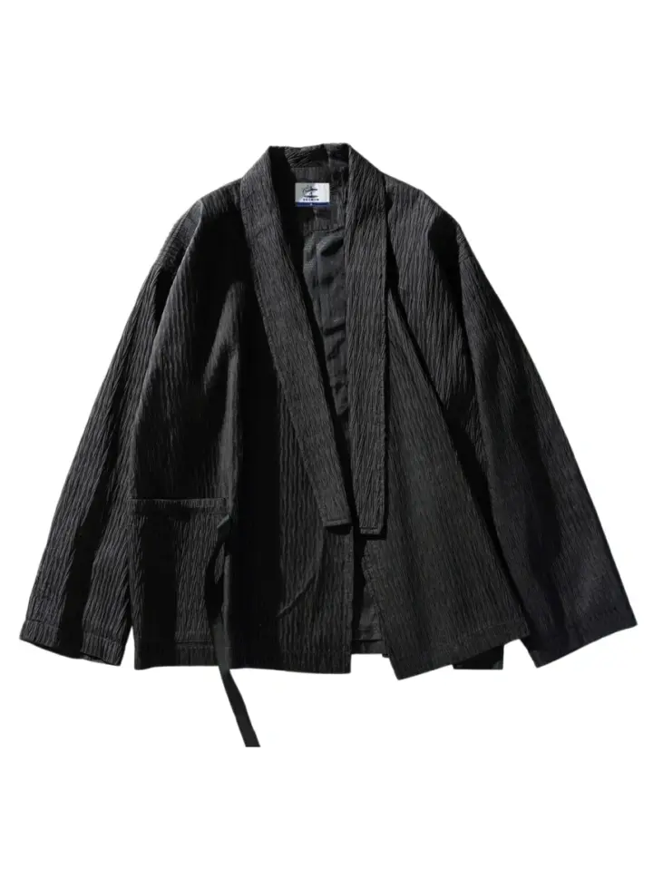 Black Crinkled Relaxed Haori-Style Jacket