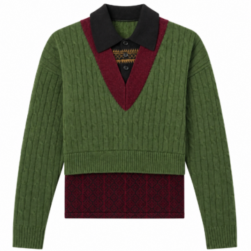 Olive Green Cropped Cable Knit Sweater with Black Pointed Collar