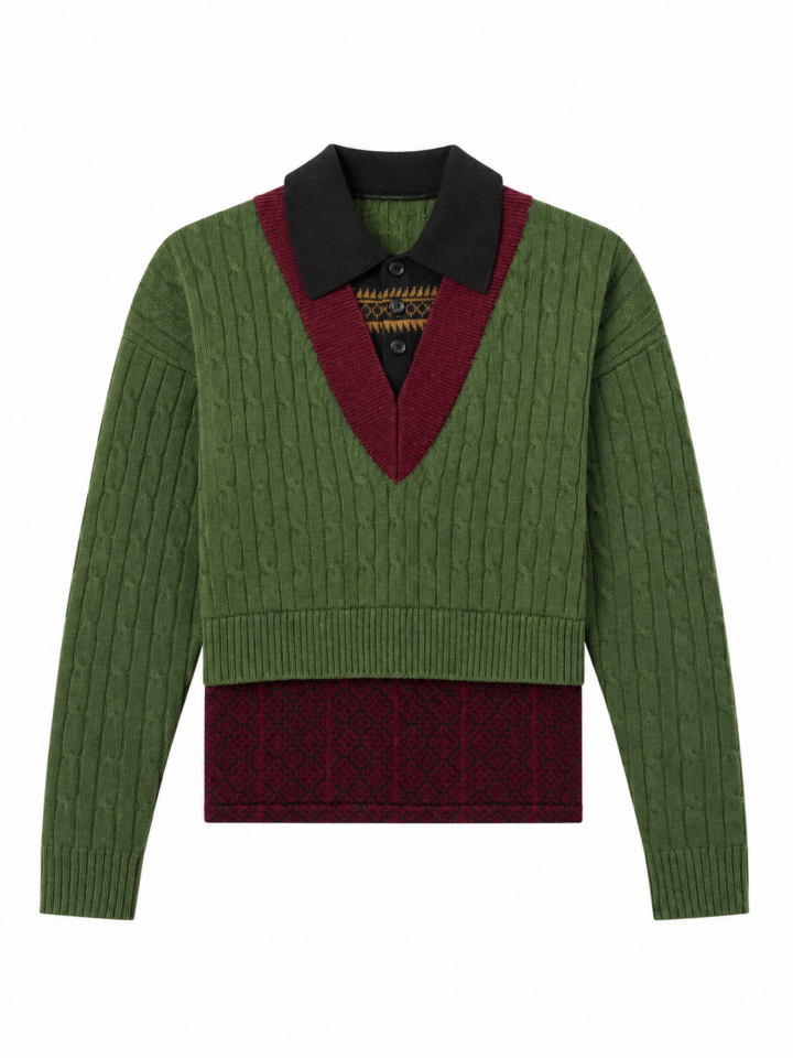 Olive Green Cropped Cable Knit Sweater with Black Pointed Collar
