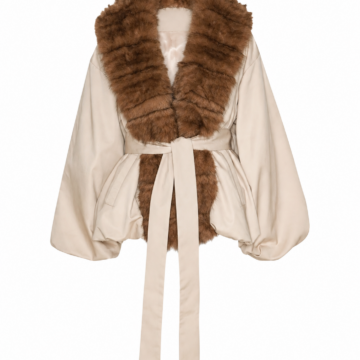 Ivory Wrap Coat with Brown Faux-Fur Collar and Balloon Sleeves